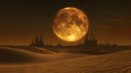 Mysterious Golden Moon Rising Over Desert Landscape with Dunes Under a Starry Sky at Night
