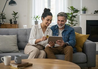 Fototapeta premium A happy couple sits on a cozy couch, shopping online with a tablet and credit card. They smile while making a purchase in a modern home. Perfect for concepts of e-commerce, online banking, and technol