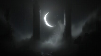 Mysterious Landscape Under Crescent Moonlight with Silhouettes of Towers in Dark Atmosphere