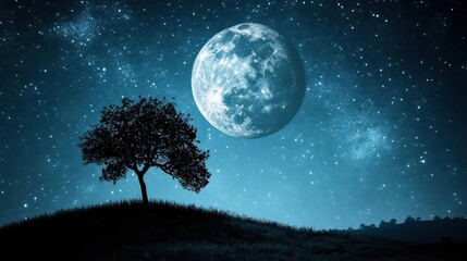 Silhouetted Tree on a Hill Under a Full Moon and Starry Sky at Night in a Tranquil Landscape