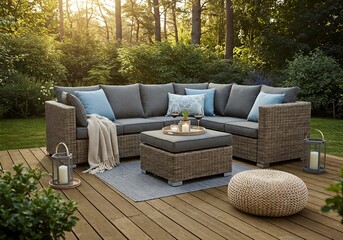 Cozy outdoor patio with a wicker sectional sofa, cushions, and candles on a wooden deck, surrounded by lush greenery. Perfect for relaxing, entertaining, and enjoying warm evenings in nature.
