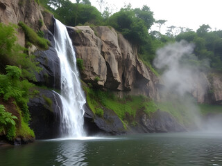 Fototapeta premium Scenic Waterfall Landscape Majestic cascade of water, rocky cliffs, lush greenery, nature's beauty, tranquil lake.