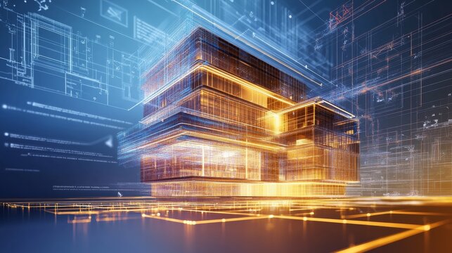 An AI powered system automating the design of sustainable architecture, creating energy-efficient building models in real-time, glowing design interface