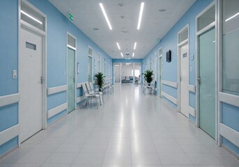 Modern hospital corridor with blue walls, white doors, and waiting chairs. Bright, clean medical facility interior with a sterile and professional atmosphere. Healthcare and emergency concept.