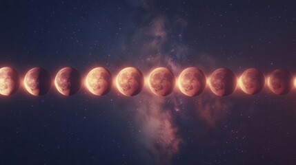 Sequence of Moon Phases Against a Starry Cosmic Background in the Depths of Space