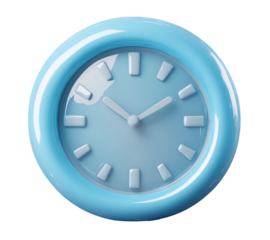 3D icon of a blue alarm clock on a transparent background