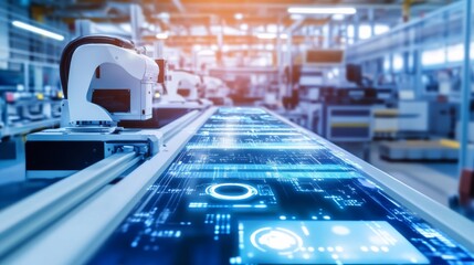 An AI powered system for real time quality control in a high speed packaging line, detecting defects and ensuring product consistency, glowing quality analysis interface