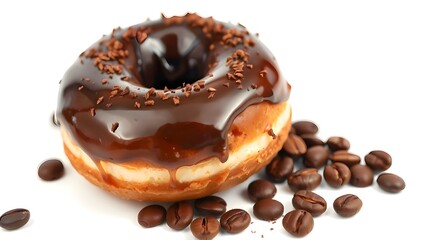 Strong moody style, high-resolution stock photo Mocha Espresso donut, coffee glaze, cocoa dusting, coffee beans, white background, commercial, professional quality, low contrast 