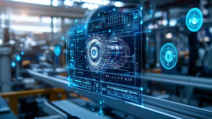 Obraz premium future factory interface, digital manufacturing, industry 4.0, smart factory technology, automation display, ai in production, industrial data visualization