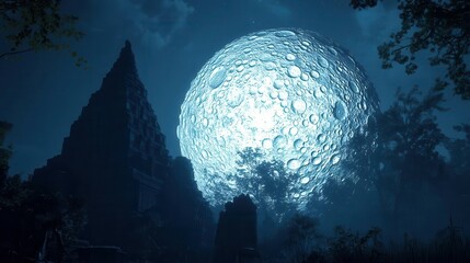 Mysterious Night Landscape with Ancient Temple Silhouetted Against a Giant Illuminated Moon