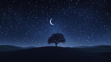 Solitary Tree Under a Starry Sky with Crescent Moon on a Calm Night Landscape