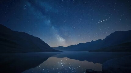 Starry Night Sky Above Calm Lake Surrounded by Mountains Under Milky Way in Tranquil Setting