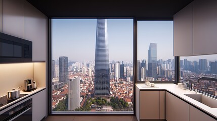 A modern kitchen with a stunning panoramic city view from above