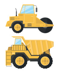 Icon of dump truck and road roller on white background. Construction and road transport.