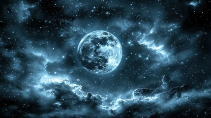 Obraz premium Illuminated Moon Surrounded by Dark Clouds and Stars in a Mystical Night Sky