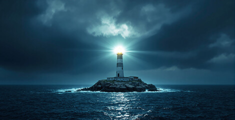 Bright lighthouse stands on rocky island, shining through stormy clouds over dark ocean, creating dramatic atmosphere of guidance and hope. Ai generative