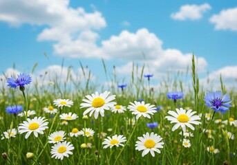A picturesque meadow with white daisies and blue cornflowers set against a blue sky with scattered clouds