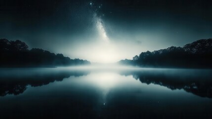 Mysterious Night Sky with Stars and Milky Way Reflected in Calm Lake Surrounded by Trees