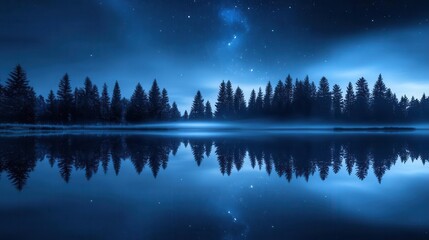 Starry Night Sky Reflecting Over Calm Lake Surrounded By Forest Silhouettes