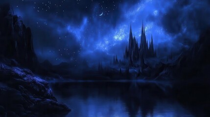 Enchanting Night Sky with Mystical Castle Reflected in Calm Waters under Starry Aura