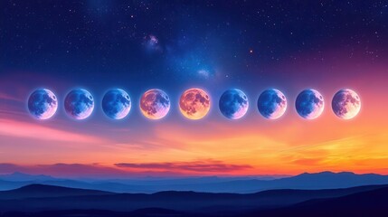 Sequential Phases of the Moon Against a Colorful Twilight Sky in a Celestial Landscape