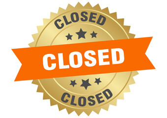 closed. closed round orange and gold label isolated on transparent background