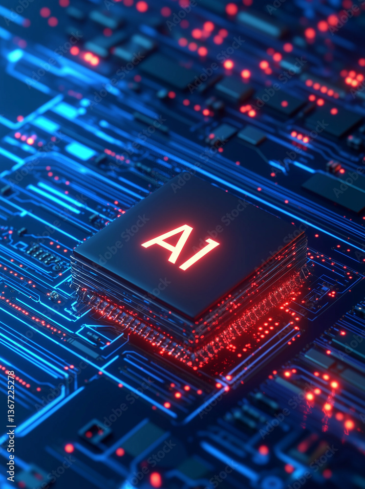 Poster artificial intelligence concept displayed on a futuristic blue circuit board. ai microchip technolog