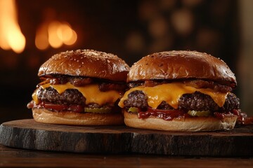 Two delicious burgers with cheese sit on wood, with a fire background. Use this image for food blogs, menus, or social media marketing campaigns.