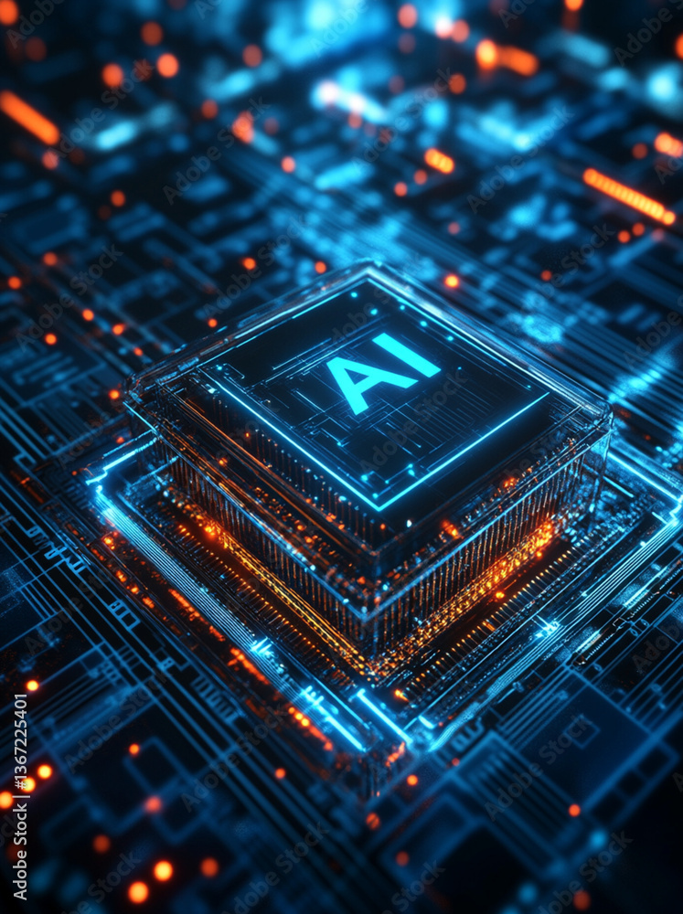 Poster artificial intelligence concept displayed on a futuristic blue circuit board. ai microchip technolog