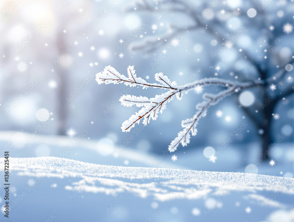 Aufkleber snow-covered tree branches with frost on a winter landscape background. soft snowfall and bokeh ligh