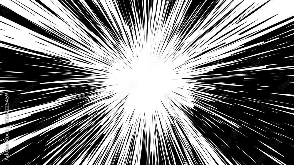 Poster dynamically radiating lines forming a burst effect on black and white abstract
