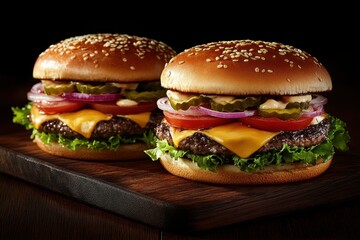 Two juicy burgers with cheese, lettuce, tomato, onion, and pickles. Use this to advertise your restaurant or promote food deals online.