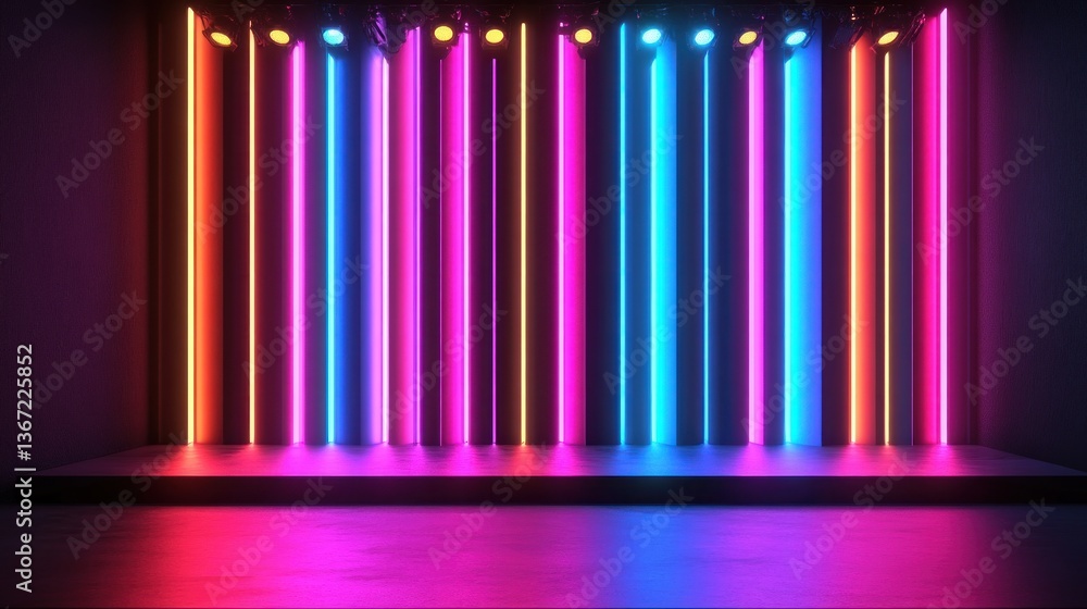 Poster stage illuminated by colorful neon tubes with vibrant and dynamic backdrop