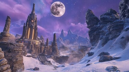 Mystical Snowy Landscape with Ancient Castle and Full Moon Illuminating the Night Sky