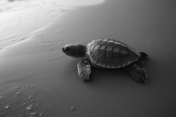 A green turtle walking on a sandy beach with rocks nearby