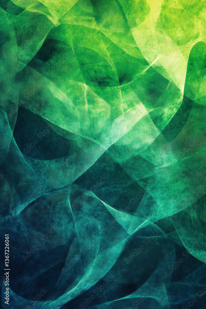 Poster abstract green background with flowing lines and textured waves in motion