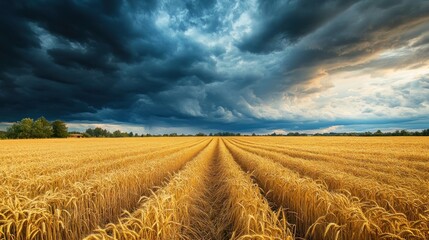 Majestic golden wheat field contrasts with dramatic stormy sky in the countryside
