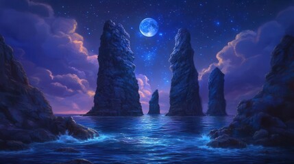 Mystical Ocean Landscape With Towering Rock Formations Under A Starry Night Sky