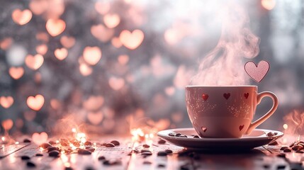 Obraz premium Steaming coffee with heart bokeh lights on wooden surface for Valentine's. Use for romantic cards, Valentine’s day, or lovely messages online.