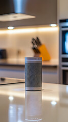 Elegant smart speaker showcased on a sleek kitchen countertop