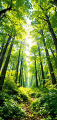 Obraz premium A bright green forest landscape with tall trees and sunlight filtering through the lush canopy, creating a serene nature background. Ai generative