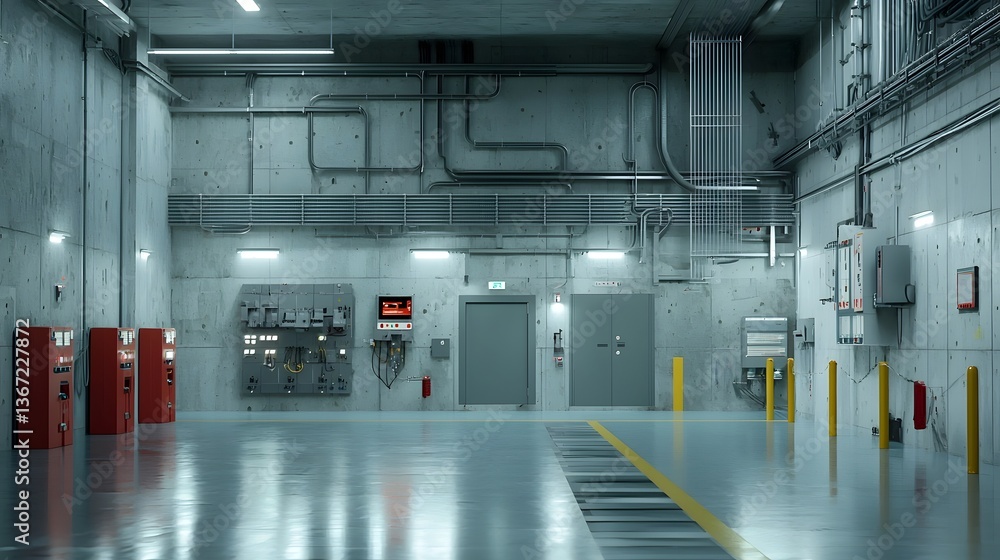 Poster detailed view of an underground electrical substation with a complex network of wires cables and con