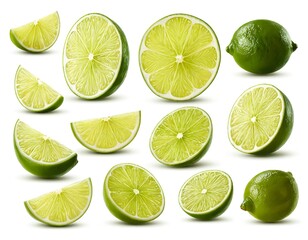 Fototapeta premium Fresh Limes, Whole and Sliced, Isolated on White