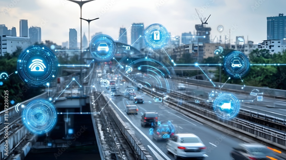 Aufkleber futuristic smart bridge with integrated electrical wiring and advanced lighting and traffic control 
