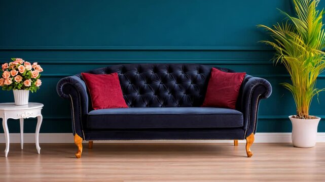 mock up ,Stylish luxury room interior with furniture template, black leather capitone sofa with red cushion 