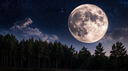 Serene Night Landscape Featuring a Bright Full Moon Illuminating a Forest Under a Starry Sky