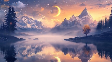 Serene Mountain Landscape Reflecting in a Calm Lake Under a Misty Sunset with a Crescent Moon