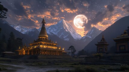 Stunning Mountain Temple Under a Full Moon at Dusk Surrounded by Majestic Peaks