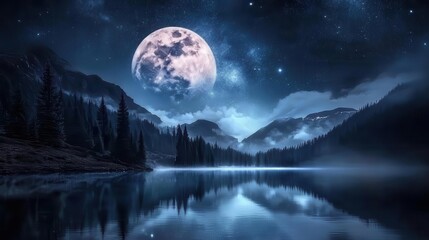Stunning Night Landscape with Bright Full Moon and Starry Sky Reflecting on Tranquil Lake