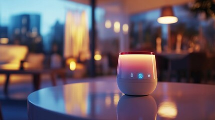 An AI powered virtual home assistant managing smart home devices, adjusting lighting and temperature settings in real-time for energy efficiency, glowing home automation interface